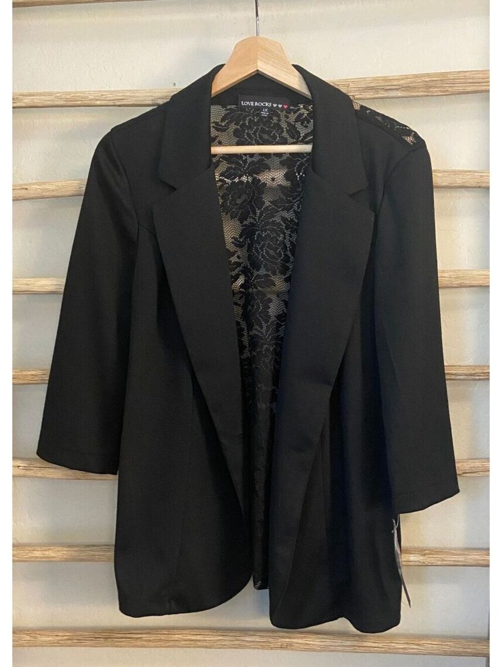 Love Rocks Black Lace Back 3/4 Sleeve Blazer Jacket Size 1X